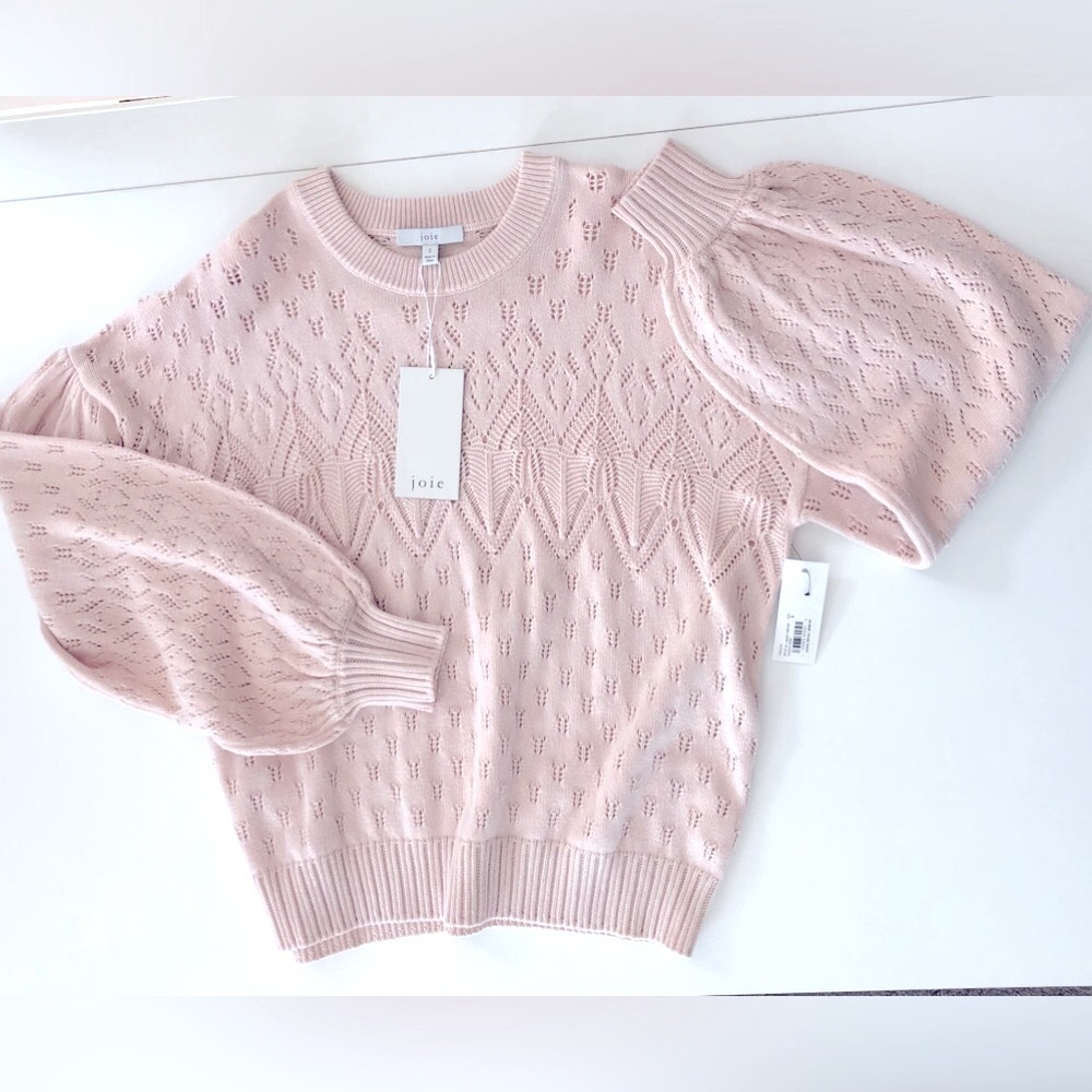Joie Cotton cashmere Pointelle knit Jewel neck oversize sweater blush pink sz.S